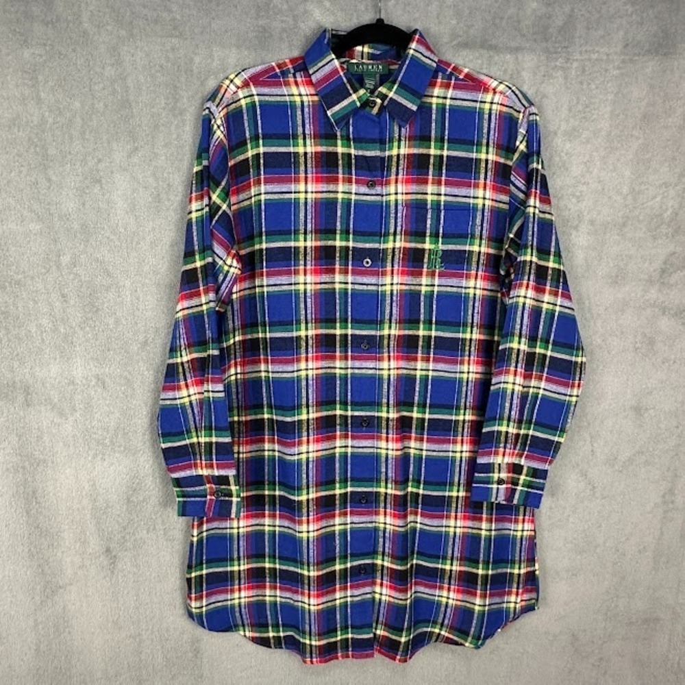 Ralph Lauren LRL Nightshirt Womens Small Blue Plaid Flannel Long Sleeve Pajamas